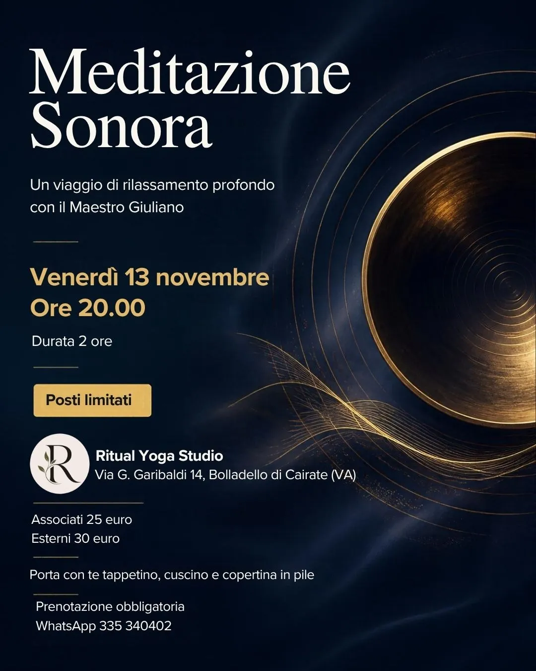 Volantino dell'evento Meditazione Sonora con il Maestro Giuliano, venerdì 13 novembre alle 20.00 a Ritual Yoga Studio